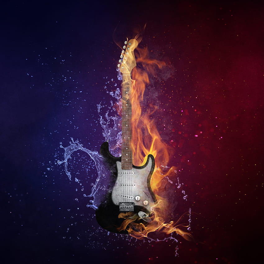 エレキギター、楽器、暗い背景、火、水、紫、グラフィック、素晴らしいギター HD電話の壁紙