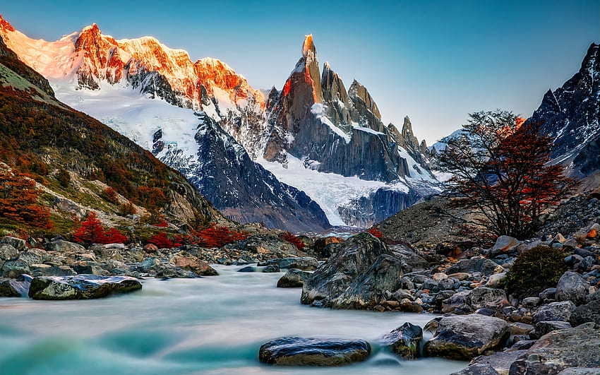Laguna Torre, dağ, göl, Gün batımı, akşam, And Dağları, Cerro Torre, dağ manzarası, kayalar, Patagonya, Arjantin HD duvar kağıdı