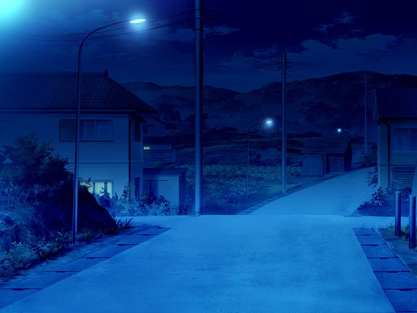 noc, droga, wioski, dzieło sztuki, anime, latarnia uliczna, ulica, ciemny, na zewnątrz, niebieski. , Anime uliczna noc Tapeta HD