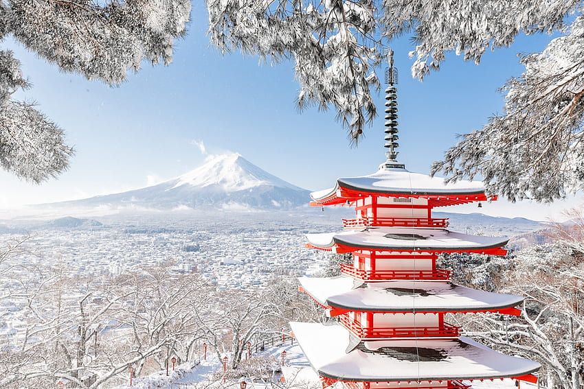 Winterschnee, Berg Fuji, Japan, Fuji, Pagode, Berg HD-Hintergrundbild