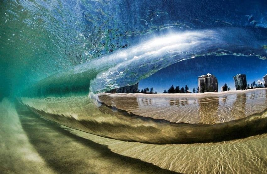 Vista submarina a través de la ola, mar, arena, pacífico, hawaii, playa, surf, rompedor, vista, submarino, ola, océano, polinesia fondo de pantalla