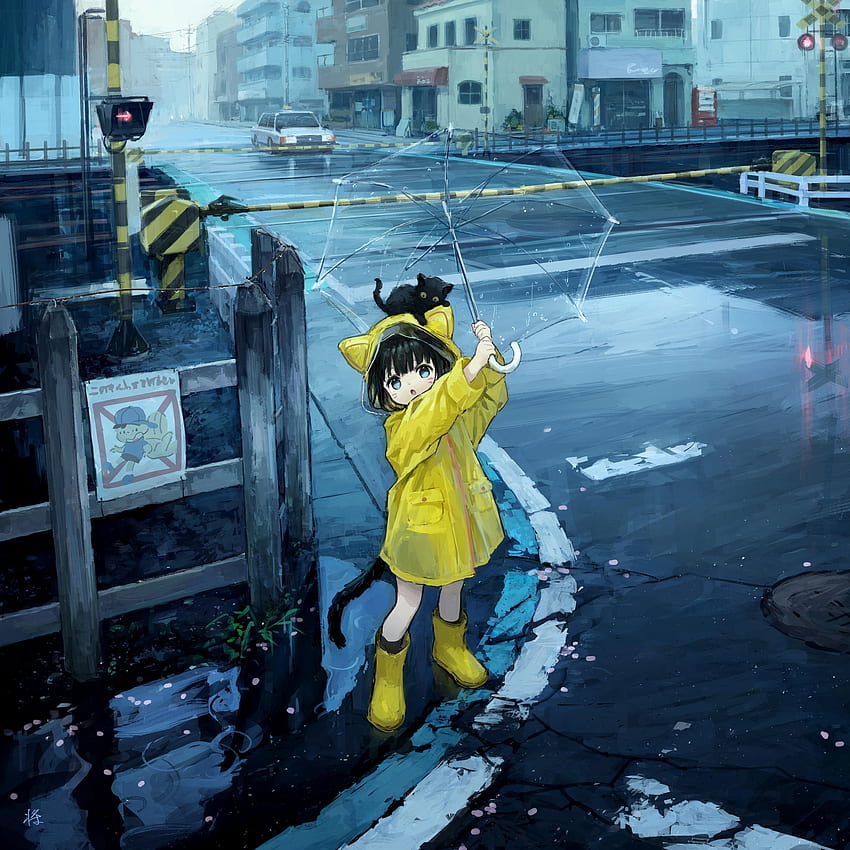 Cute anime girl, elf girl in rain, art HD phone wallpaper