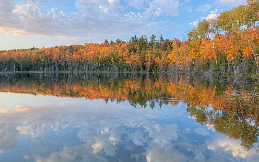 Autumn Scout Lake Michigan's Upper Peninsula Usa Árboles de colores otoñales con hojas amarillas y rojas Hermosas nubes Reflejo en el agua tranquila del lago Paisaje, Naturaleza de Michigan fondo de pantalla