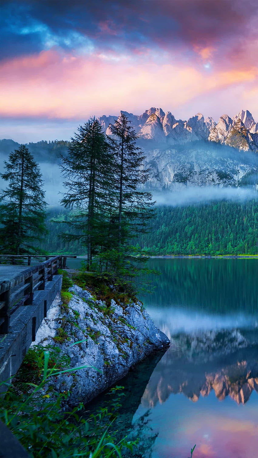 Montañas, Amanecer, Cielo, Paisaje, Lago fondo de pantalla del teléfono