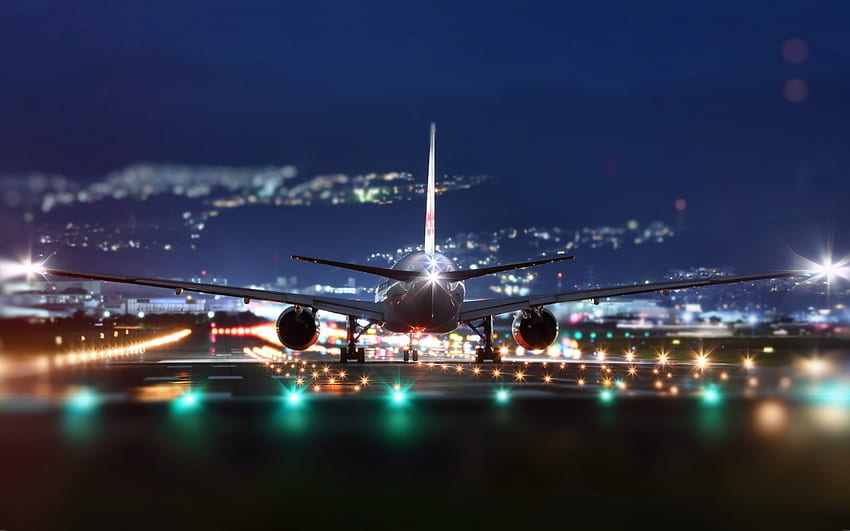 decollo aereo di notte, pista, aeroporto, aereo passeggeri, concetti di viaggio aereo, trasporto passeggeri Sfondo HD