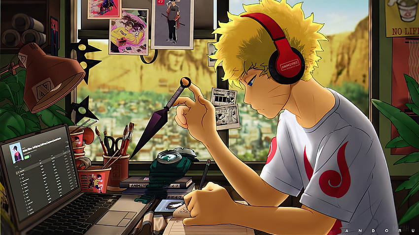 Anime, Chico, Auriculares, Estudiando, Naruto Uzumaki, Kunai. Mocah, Jefes Anime Boy fondo de pantalla
