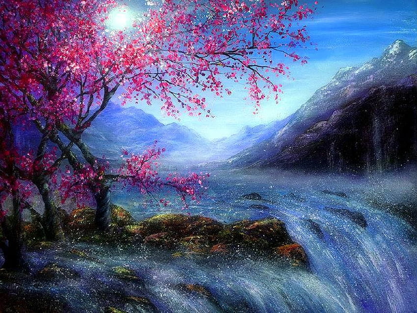 น้ำตกบาน น้ำตก แหล่งท่องเที่ยวในฝัน วาด น้ำตก ฤดูใบไม้ผลิ ทิวทัศน์ รักสี่ฤดู วาดและระบายสี ธรรมชาติ ดอกไม้ พระจันทร์ วอลล์เปเปอร์ HD
