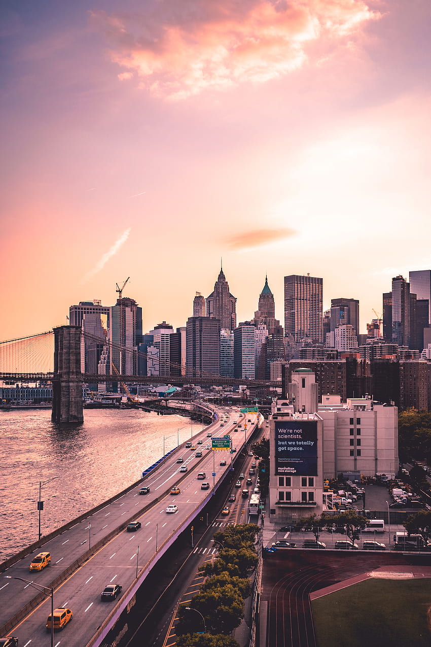 미국, 도시, 도로, 고층 빌딩, 다리, 미국, 뉴욕, 맨하탄 다리 HD 전화 배경 화면