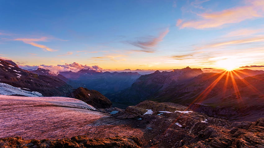 Sunset at the Bluemlisalp hut in the swiss alps, landscape, sky, rocks ...