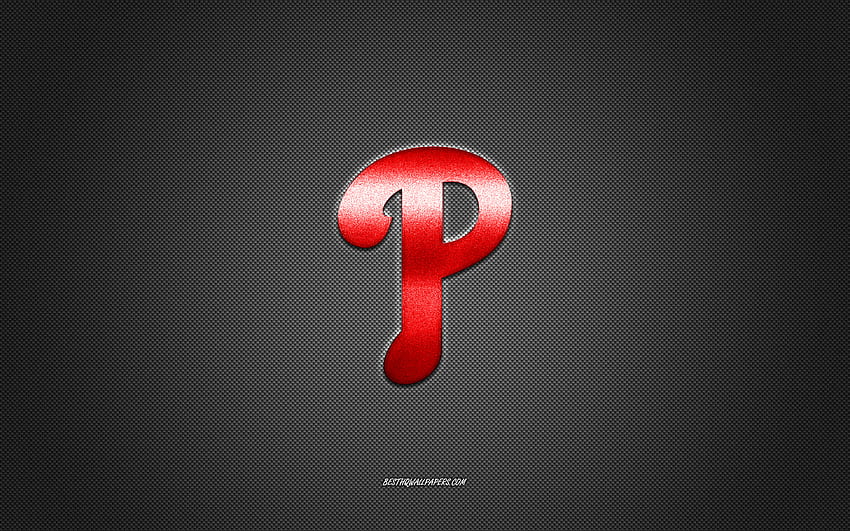 Емблема на Филаделфия Филис, американски бейзболен клуб, червено лого, сив фон от въглеродни влакна, MLB, емблема на Филаделфия Филис, бейзбол, Филаделфия, САЩ, Филаделфия Филис HD тапет