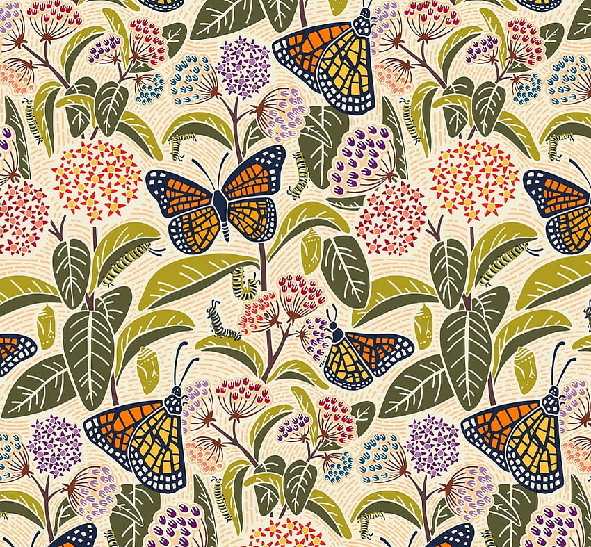 Pattern, summer, butterfly, flower, red, green, texture, vara, leaf HD wallpaper