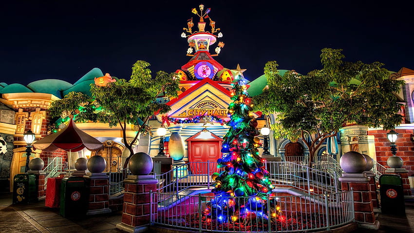 Municipio di Toon Town a Natale. Natale Disneyland, Natale, Natale, luci della città di Natale Sfondo HD