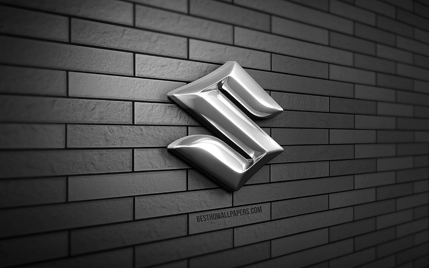 Logotipo de Suzuki en 3D, pared de ladrillo gris, creativo, marcas de automóviles, logotipo de Suzuki, logotipo de metal de Suzuki, arte en 3D, Suzuki fondo de pantalla