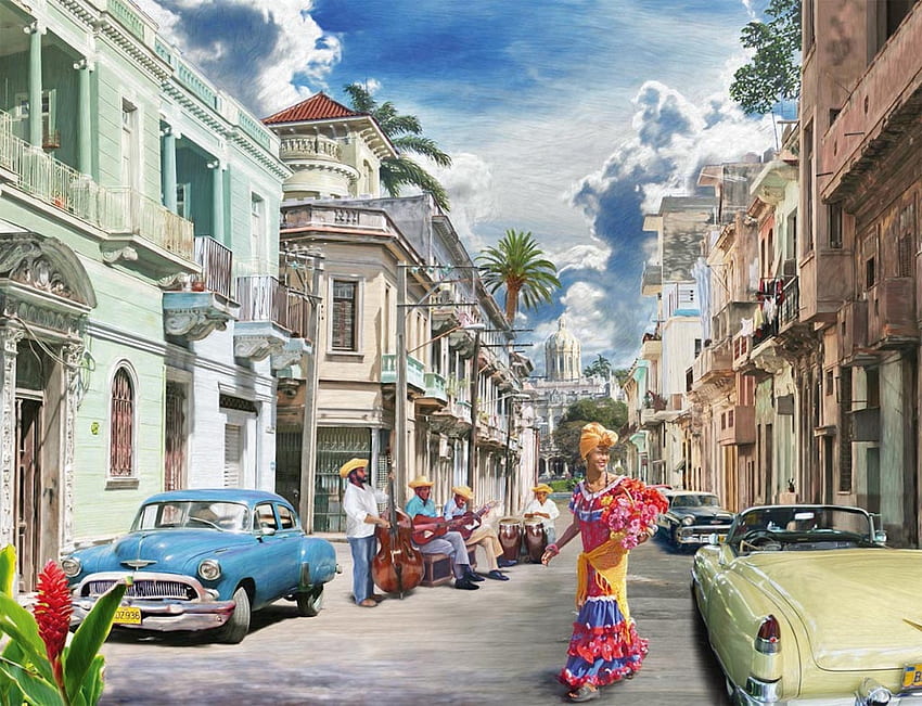 Cuban Street, musicians, car, street, sky, colours, cuba HD wallpaper