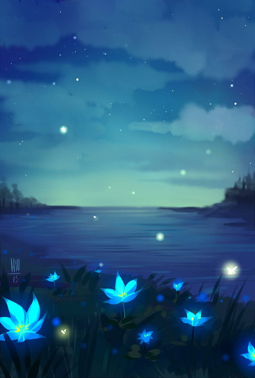 there are blue flowers on the shore. Beautiful background, Scenery , Blue flower , Fantasy Aesthetic HD phone wallpaper