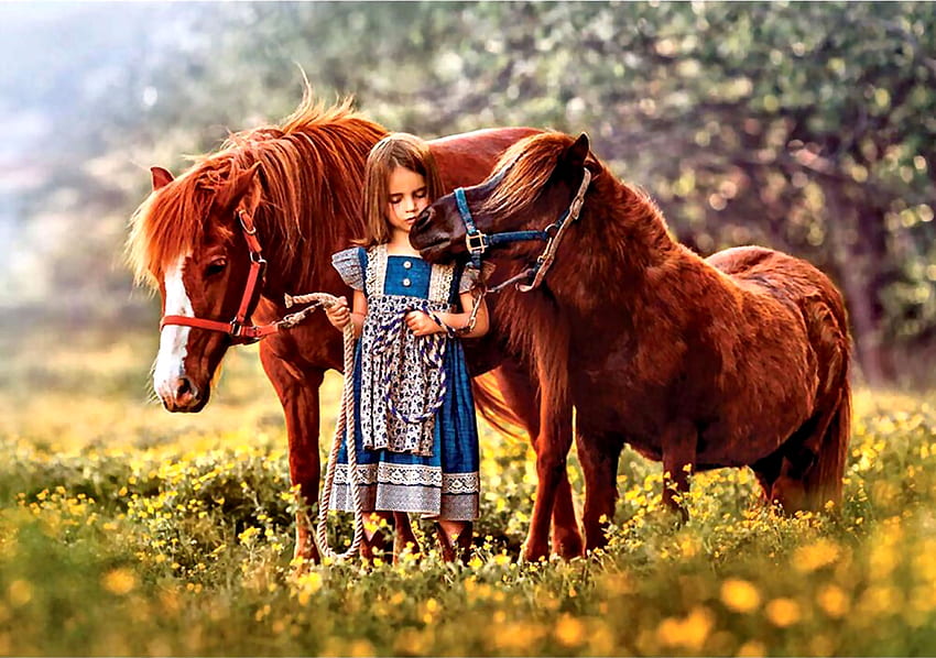 Beauty Within - Horses FC, kleines Mädchen, Tier, Pferd, Kunst, schön, Illustration, Kunstwerk, Breit, Malerei, Pferde HD-Hintergrundbild