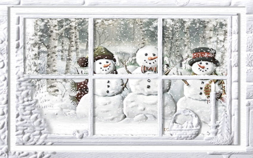muñecos de nieve y ventana, invierno, nieve, ventana, árboles, muñecos de nieve, naturaleza fondo de pantalla