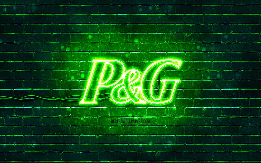 Зелено лого на Procter and Gamble, , зелена тухлена стена, лого на Procter and Gamble, марки, неоново лого на Procter and Gamble, Procter and Gamble HD тапет