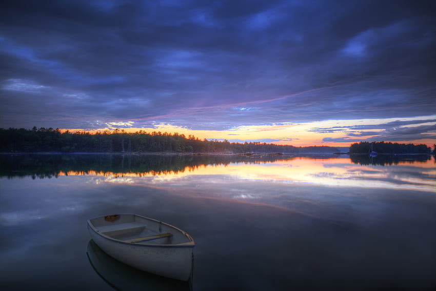 All Alone, boat, maine, dusk, lake HD wallpaper