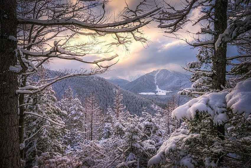 landscape, Nature, Winter, Sunset, Forest, Snow, Mountain, Clouds, Poland Landscape HD wallpaper