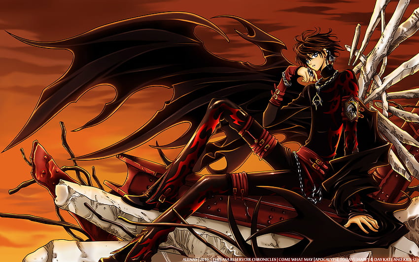 Another Demon has arrive, blue, wings, black, short, eyes, tsubasa reservoir chronicle wings, clamp, kamui, anime, scenic, cool, clouds, sky, hair, male, tokyo revelations HD wallpaper