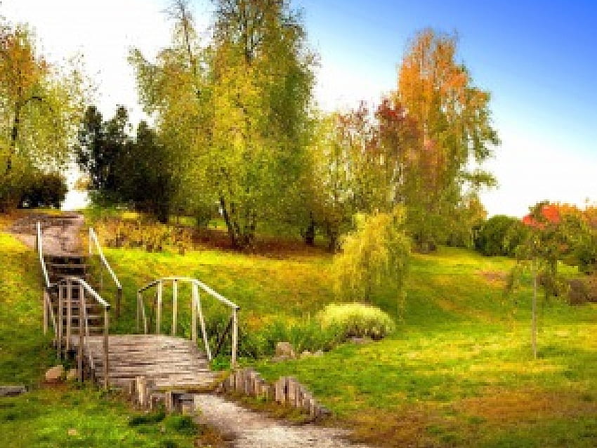 Promenade dans la nature, marche, agréable, escaliers, foels, arbres, verdure, automne, agréable, marches, prairie, belle, herbe, été, joli, vert, pont, nature, ciel, charmant Fond d'écran HD