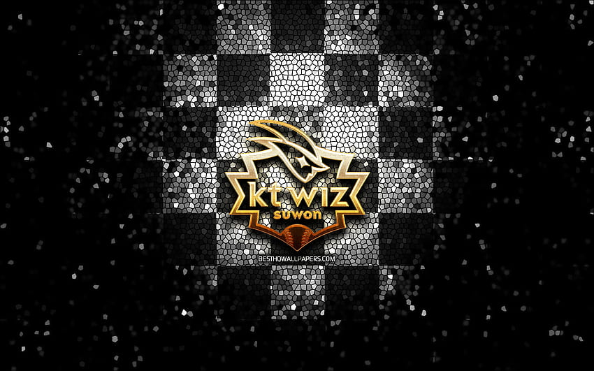 KT Wiz Suwon, glitter logo, KBO, white black checkered background, baseball, South Korean baseball team, KT Wiz Suwon logo, mosaic art HD wallpaper