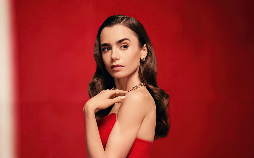 Lily Collins, American actress, American fashion model, hoot, red dress, American star HD wallpaper