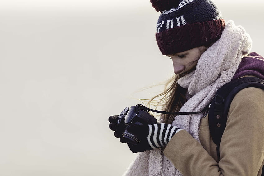 camera, fashion, girl, hat, person, grapher, scarf, taking , whitespace, winter, woman HD wallpaper