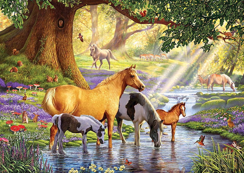 Konie nad potokiem, puzzle, kwiaty, las, źrebię, strumyk Tapeta HD