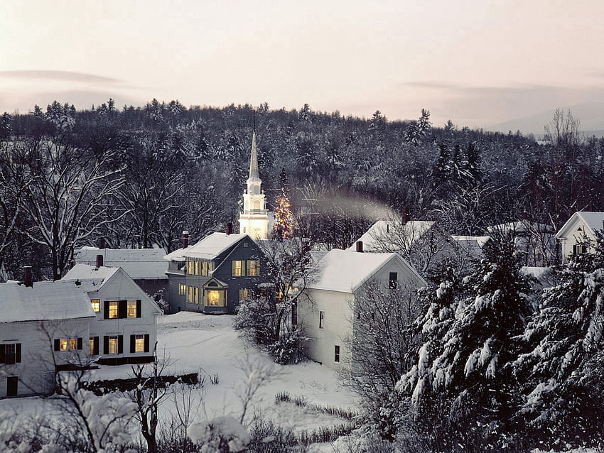 Invierno, Naturaleza, árboles, Nieve, Edificios, Nueva Inglaterra fondo de pantalla