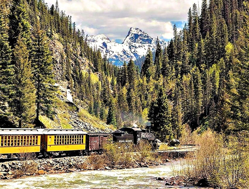 Lonely Train, Trees, Black, Nature, Mountains, Yellow, Train, Ominous, Clouds, Sky HD wallpaper