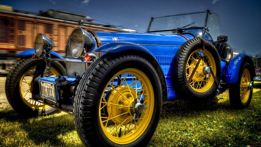 fantastic vintage bugatti roadster r, blue, lawn, car, roadster, r, vintage HD wallpaper