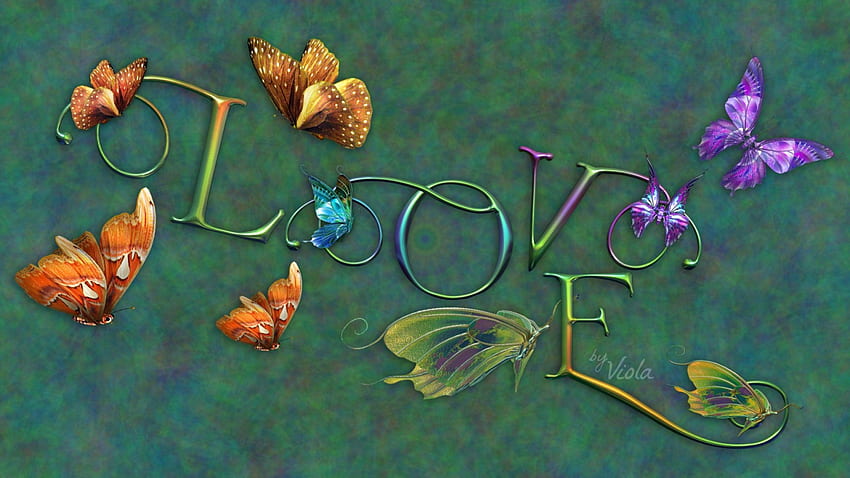 Butterfly Love, kupu-kupu, kreasi, abstrak, cinta, hijau, Viola Tricolor, desain seni Wallpaper HD