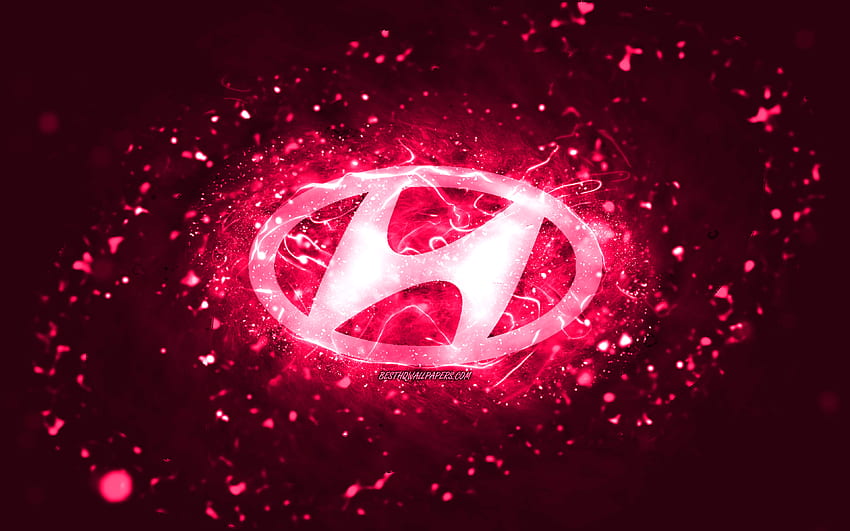 Hyundai розово лого, , розови неонови светлини, творчески, розов абстрактен фон, лого на Hyundai, марки автомобили, Hyundai HD тапет