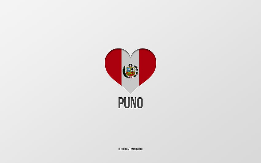 プーノが大好き, ペルーの都市, プーノの日, 灰色の背景, ペルー, プーノ, ペルーの旗のハート, お気に入りの都市, プーノが大好き 高画質の壁紙
