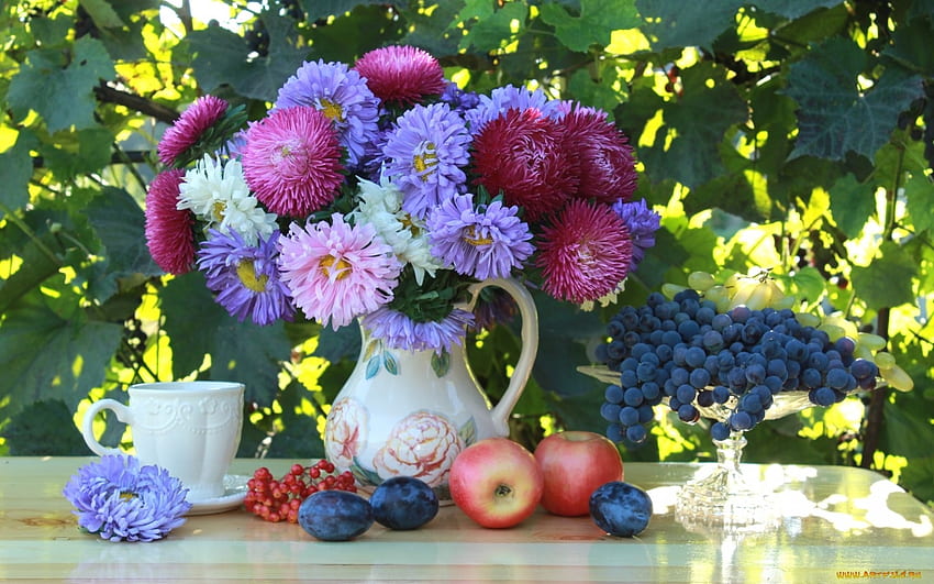 in the garden, asters, still life, apples, grapes, garden HD wallpaper