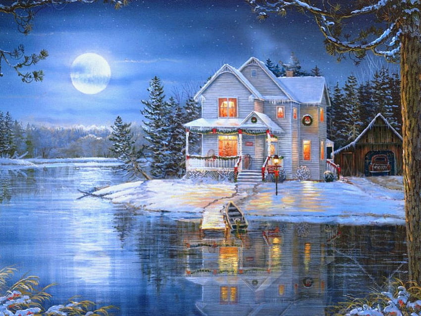 Викториански отражения, река, зима, лунна светлина, къща, Коледа, произведения на изкуството, , сняг, Коледа, вечер HD тапет
