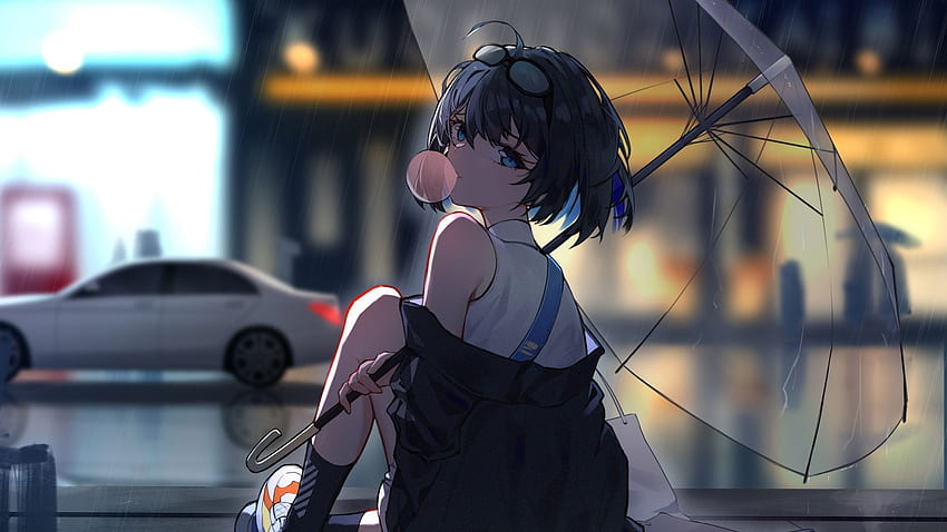Enjoying rain, anime girl , , , background, 5b8d62, Rainy Anime HD wallpaper