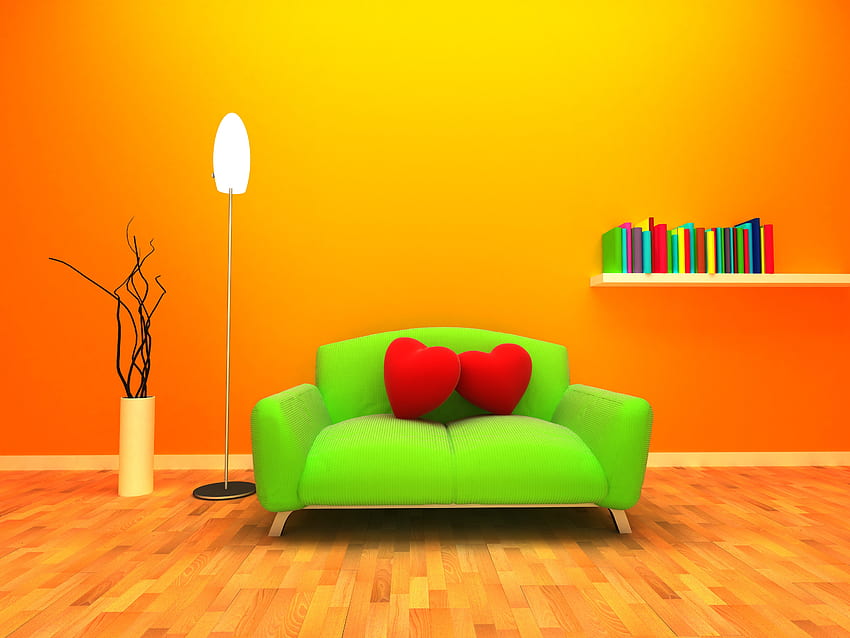 Hearts, , , Room, Sofa, 3D Graphics, Orange Background HD wallpaper