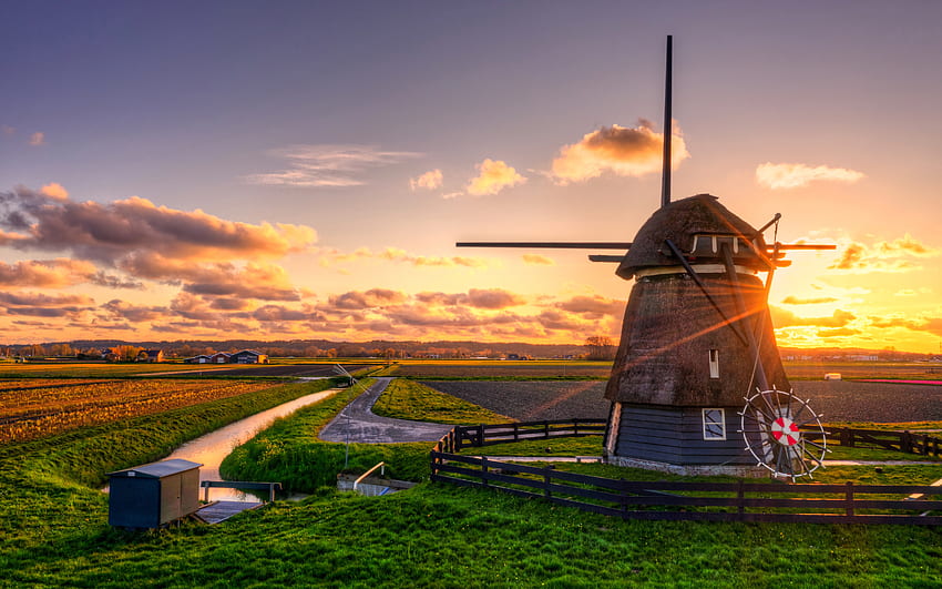 Sunset, windmill, nature, field HD wallpaper