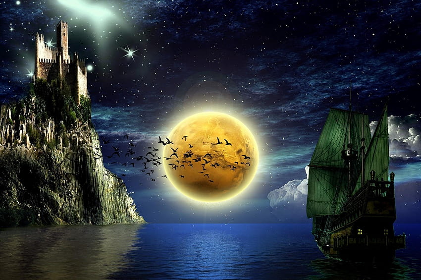 Fantasy, Birds, Water, Sky, Stars, Moon, Lock, Ship HD wallpaper