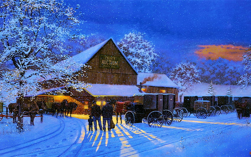 County Auction, inverno, noite, casa, carrinhos, pessoas, obra de arte, cavalos, luz, neve, árvores, natureza papel de parede HD