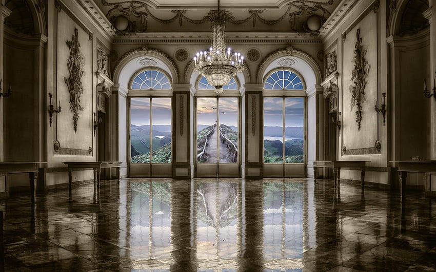Palast, Kronleuchter, Fenster, Aussicht, Interieur HD-Hintergrundbild