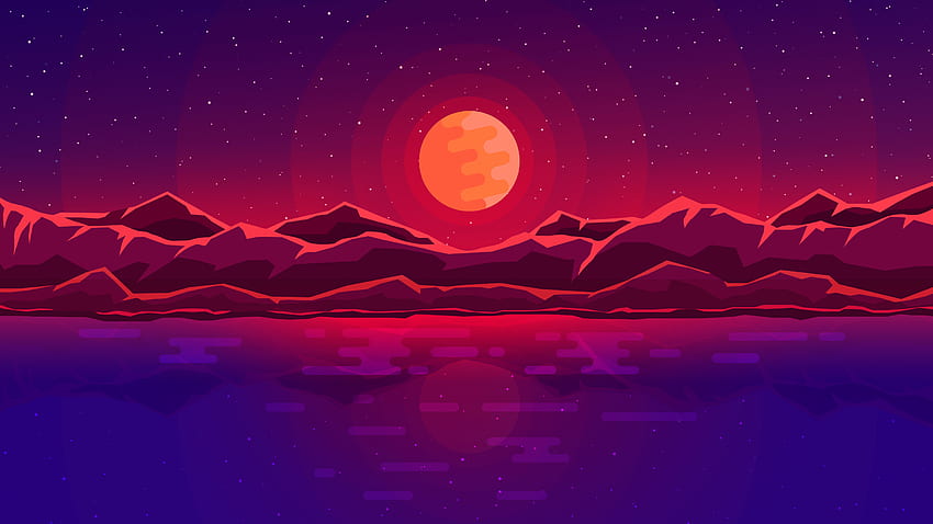 Moon rays, red space, sky, abstract, mountains HD wallpaper
