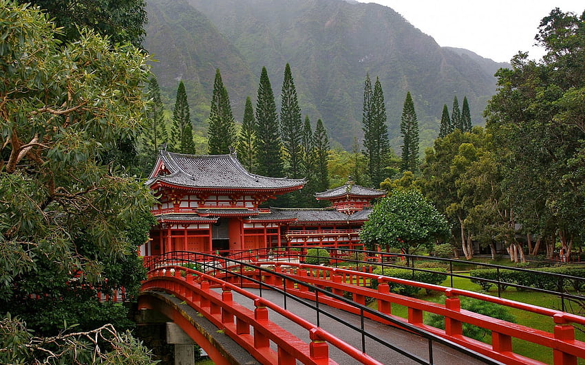 Japón, Naturaleza, árboles, Montañas, Arquitectura, Puente fondo de pantalla