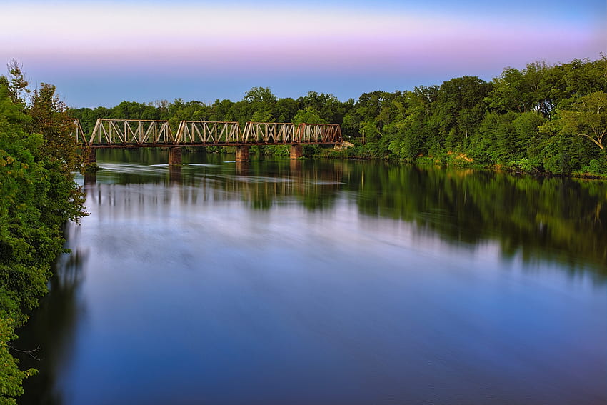 Nature, Rivers, Trees, Sky, Lilac, Clouds, Smooth, Surface, Bridge, Colors, Color, Construction, Design HD wallpaper