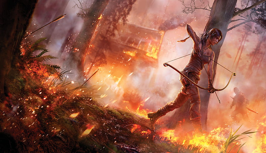 Lara Croft, Jogos, chamas, Tomb Raider, Setas, arma, Árvores, videogames, fogo, floresta, arco, fêmea papel de parede HD