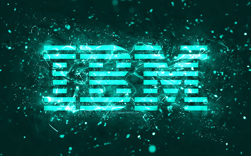 Тюркоазено лого на IBM, , тюркоазени неонови светлини, творчески, тюркоазен абстрактен фон, лого на IBM, марки, IBM HD тапет