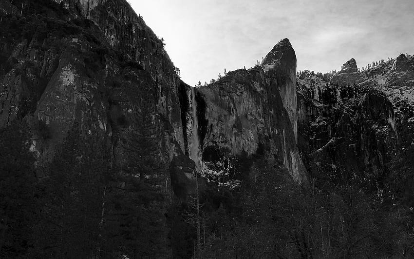 Cliff Waterfall Rock Stone BW Trees mountains black white HD wallpaper